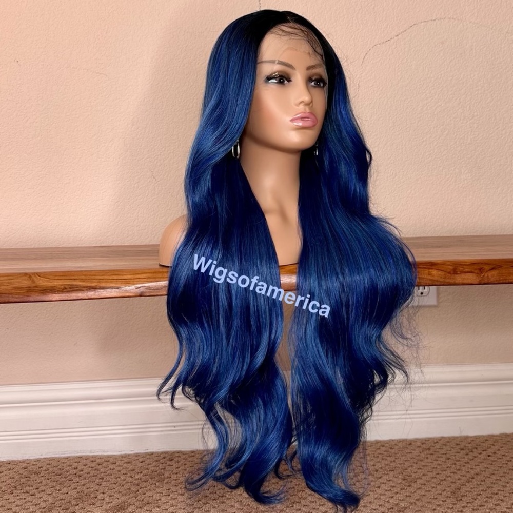 Blue ombré black wig 25 inch long wavy layered heat ok